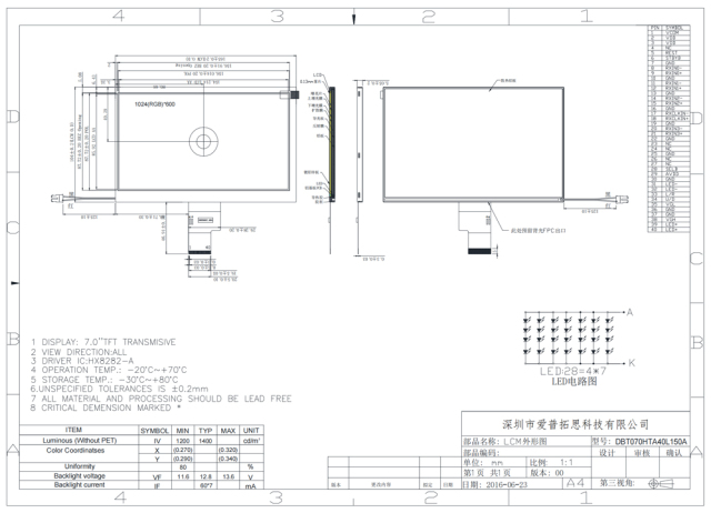 7 Inch 1024×600 40PIN LVDS High Brightness 1500nit Industrial LCD Module