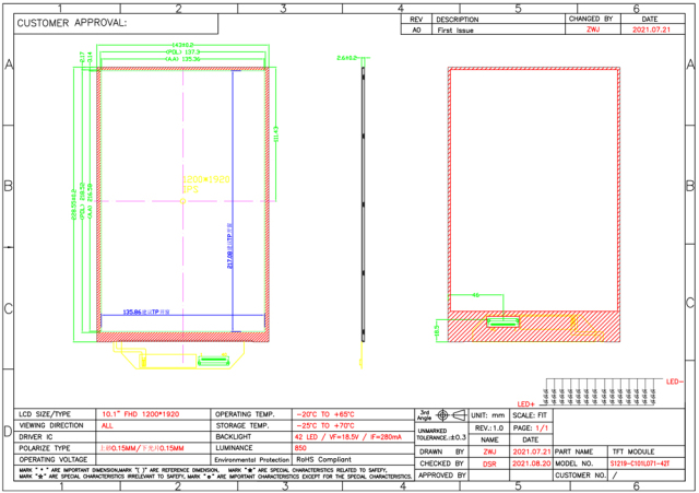 10.1 Inch 1200×1920 40PIN MIPI 850nit TFT LCD Module