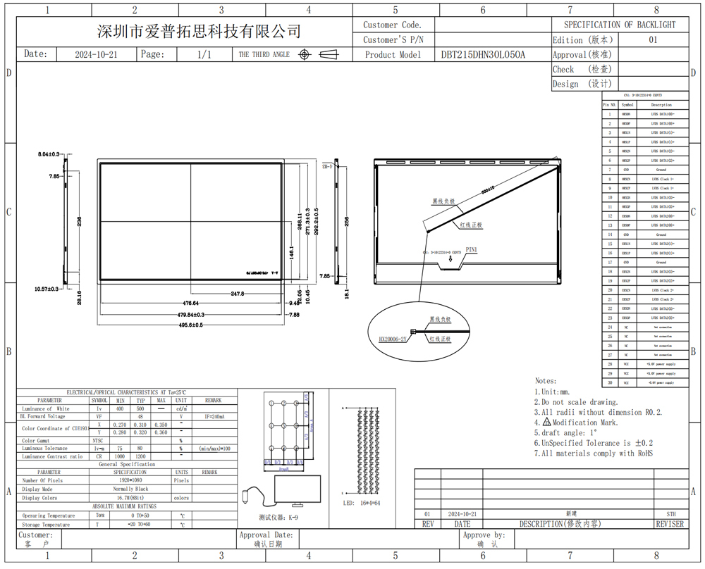 21.5 Inch 1920x1080 30PIN LVDS TFT LCD Module