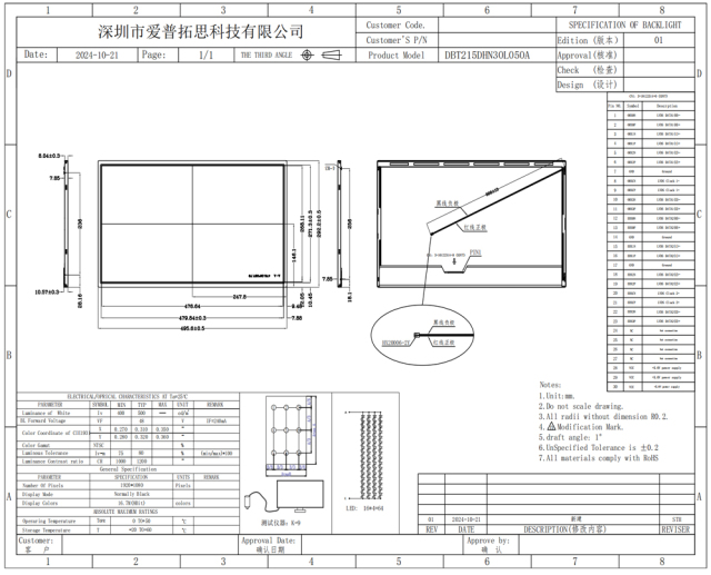 21.5 Inch 1920x1080 30PIN LVDS TFT LCD Module