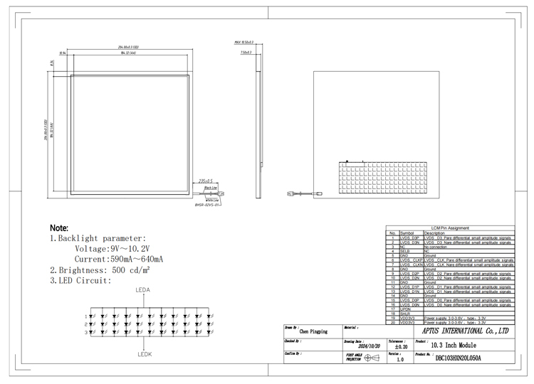 10.3 inch 768x768 20PIN LVDS 500nits Square LCD Display