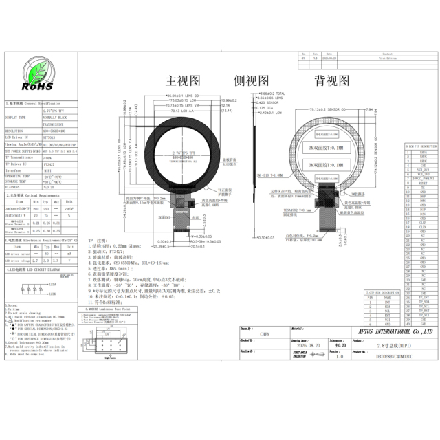 2.8 Inch 480×480 40PIN MIPI 250nits Circular Capacitive Touch TFT LCD Display