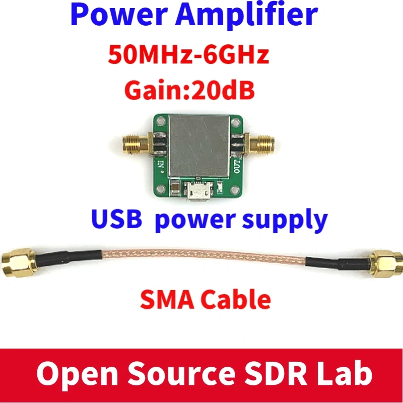50M-6GHz Low Noise RF Amplifier Ultra Wideband Gain 20dB MicroUSB Power Supply