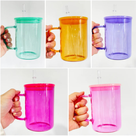 17oz Colored Jelly Sublimation Blank Glass Mug with Handle