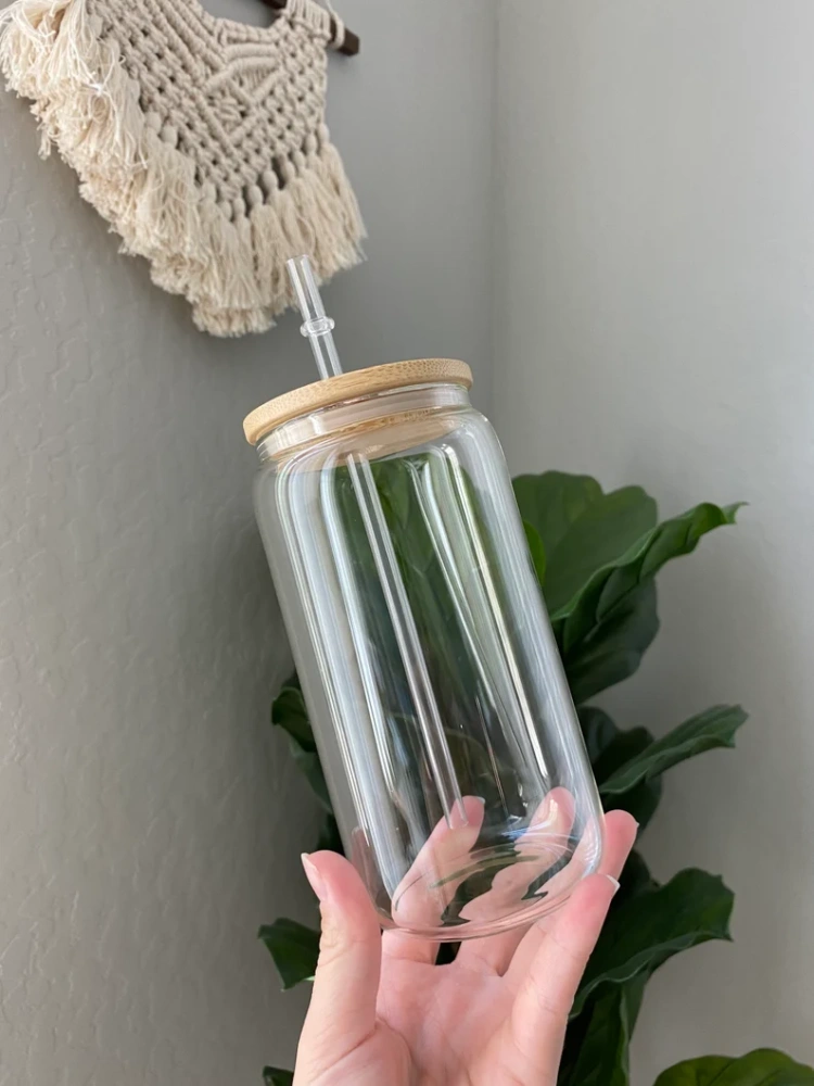16oz Sublimation Clear Glass Can With Bamboo Lids