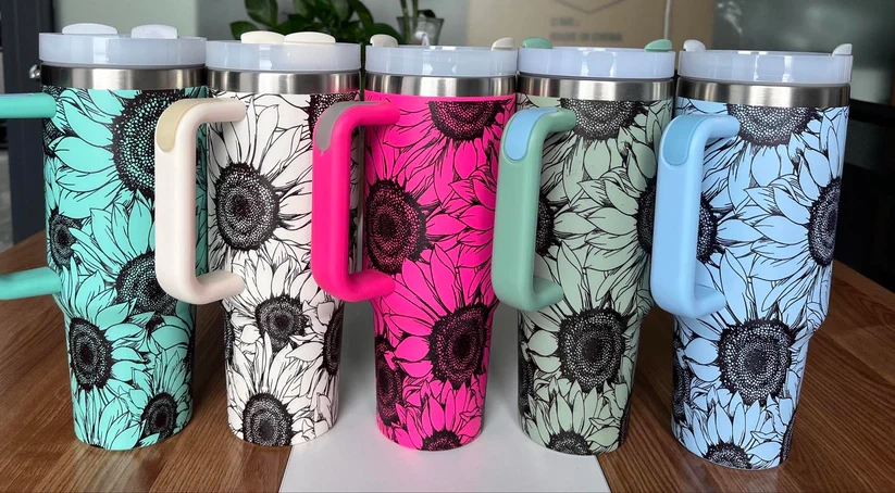 40oz Sunflower Laser Engraving Travel Mugs With Handle
