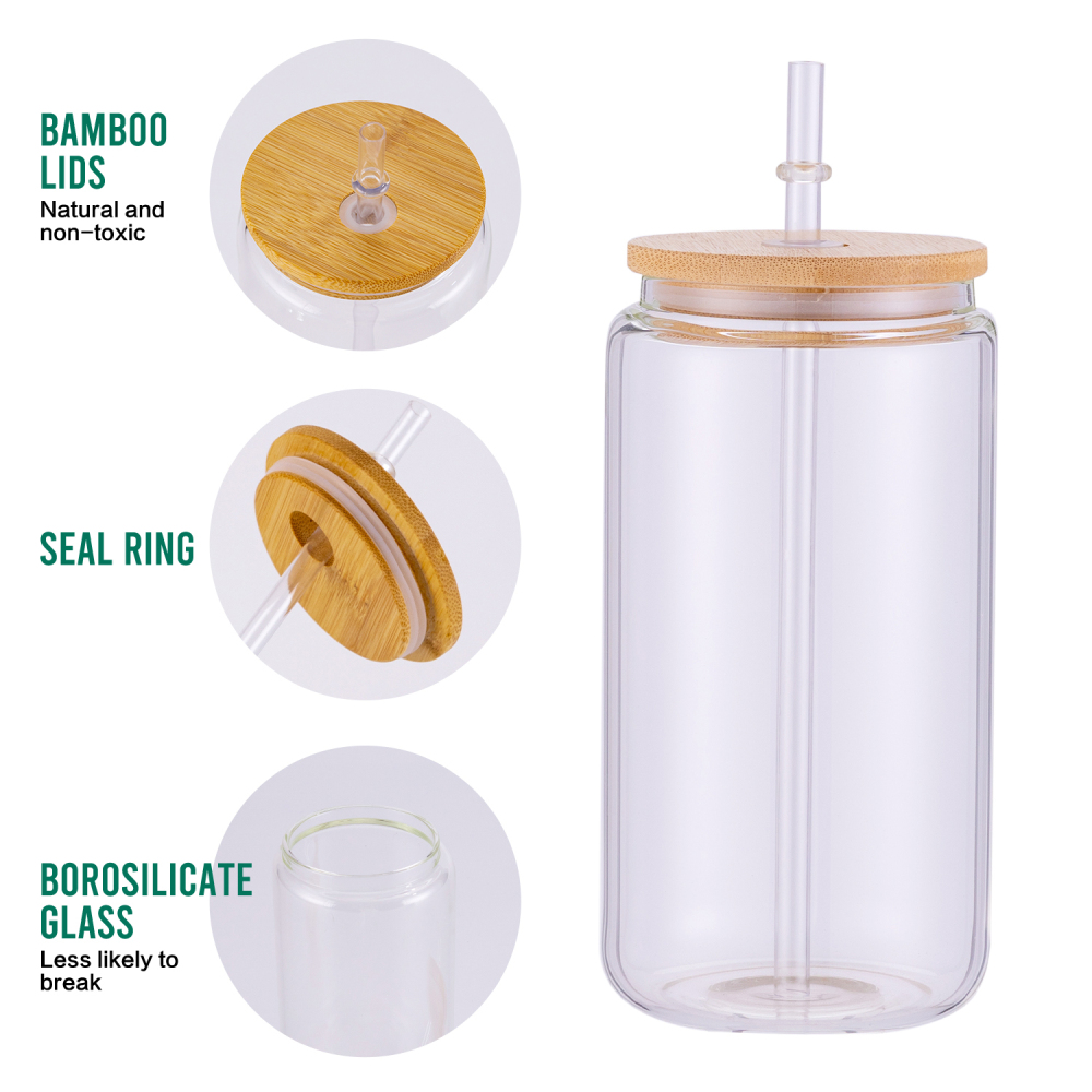 16oz Sublimation Clear Glass Can With Bamboo Lids