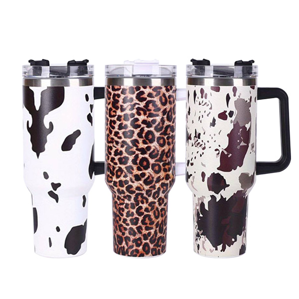 40oz 5D Leopard Print Travel Mugs with Handle Stainless Steel Insulated Vacuum