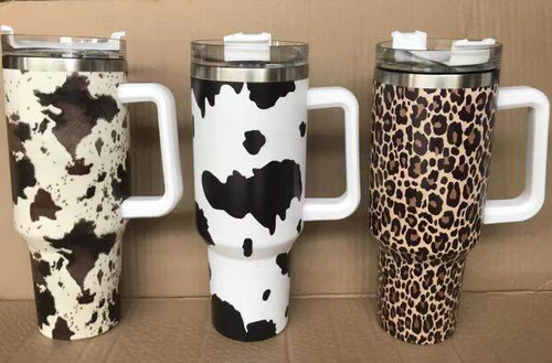 40oz 5D Leopard Print Travel Mugs with Handle Stainless Steel Insulated Vacuum