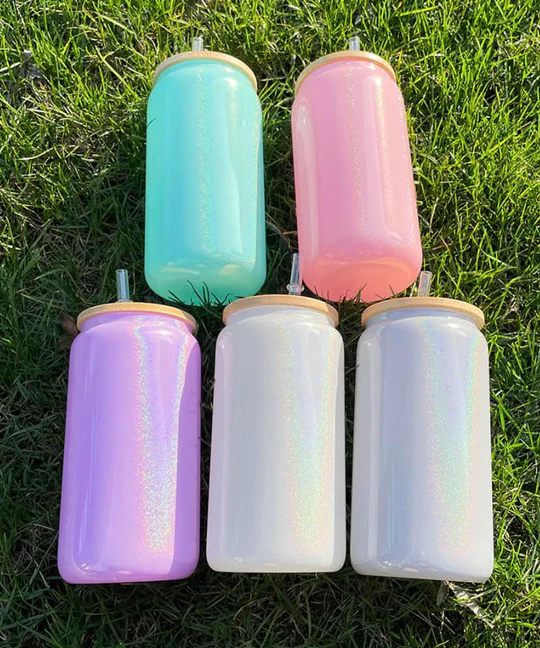 16oz Sublimation Shimmer Glitter Can Glass With Rhinestone Lids