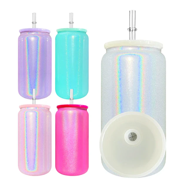 16oz Sublimation Shimmer Glitter Can Glass With Bamboo Lid