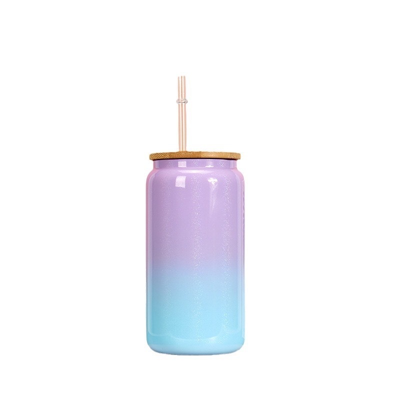 16oz Ombre Sublimation Shimmer Glitter Glass Can With Bamboo Lid
