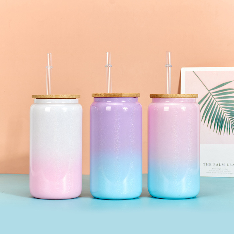 16oz Ombre Sublimation Shimmer Glitter Glass Can With Bamboo Lid
