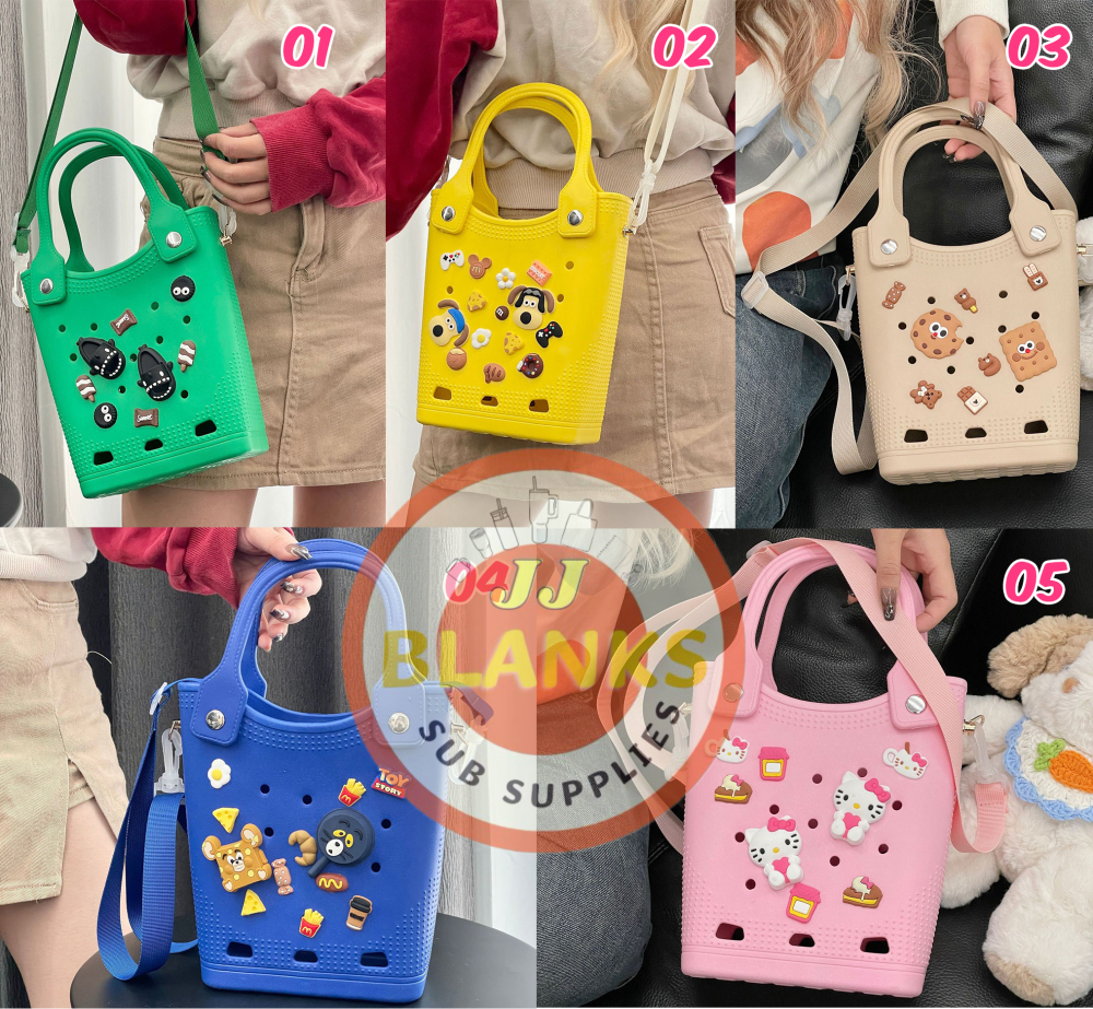Small Rubber Beach Tote Bag Waterproof Sandproof, Crossbody Open Hole Handbag with Charms and Strap