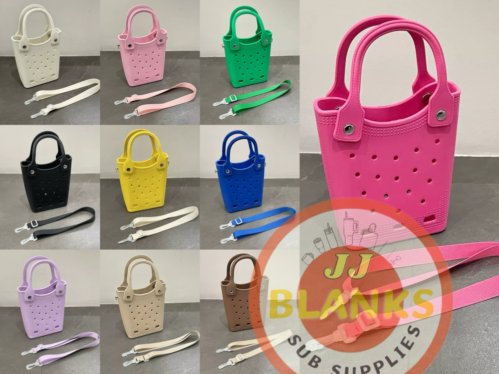 Small Rubber Beach Tote Bag Waterproof Sandproof, Crossbody Open Hole Handbag with Charms and Strap