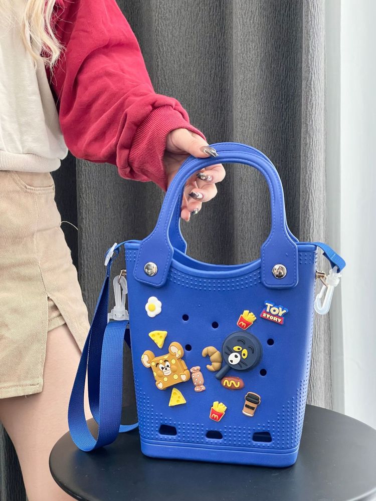 Small Rubber Beach Tote Bag Waterproof Sandproof, Crossbody Open Hole Handbag with Charms and Strap