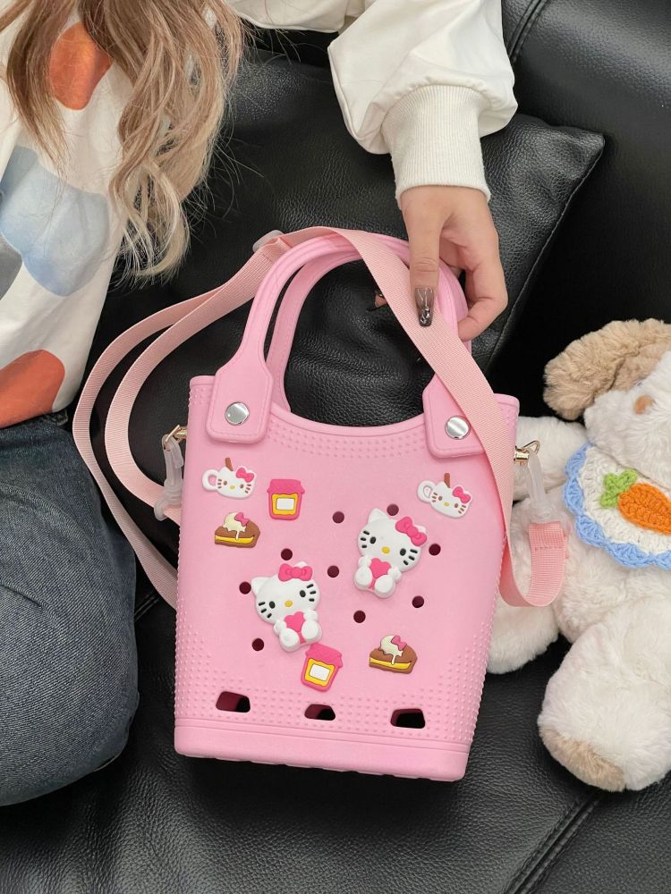 Small Rubber Beach Tote Bag Waterproof Sandproof, Crossbody Open Hole Handbag with Charms and Strap