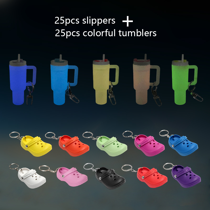 Glow in the dark Mini Stanley Tumbler Cup Shape Keychain  + Slipper shape keychain keyring