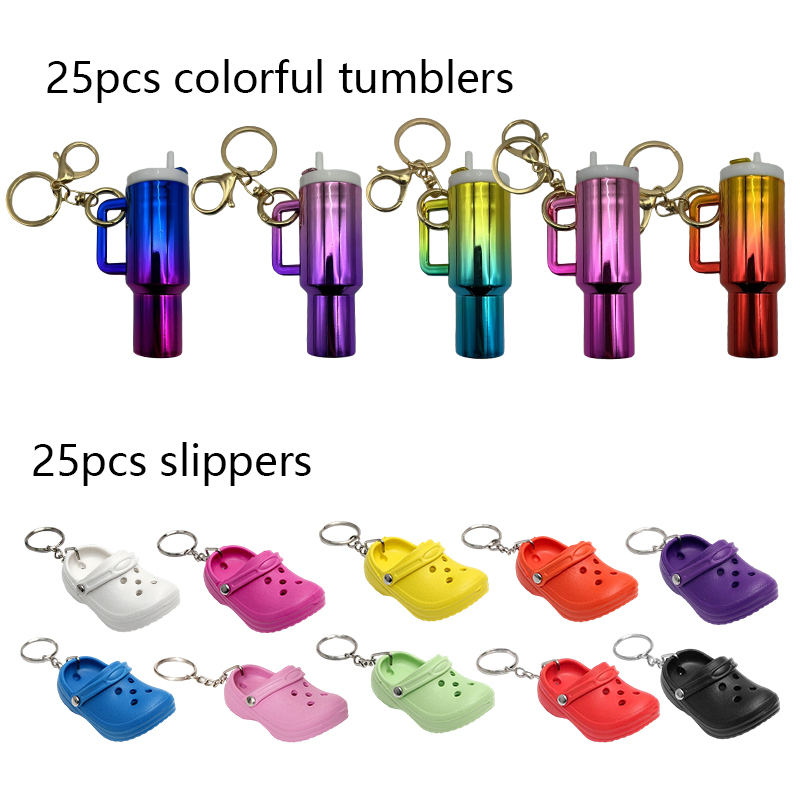 Glow in the dark Mini Stanley Tumbler Cup Shape Keychain  + Slipper shape keychain keyring
