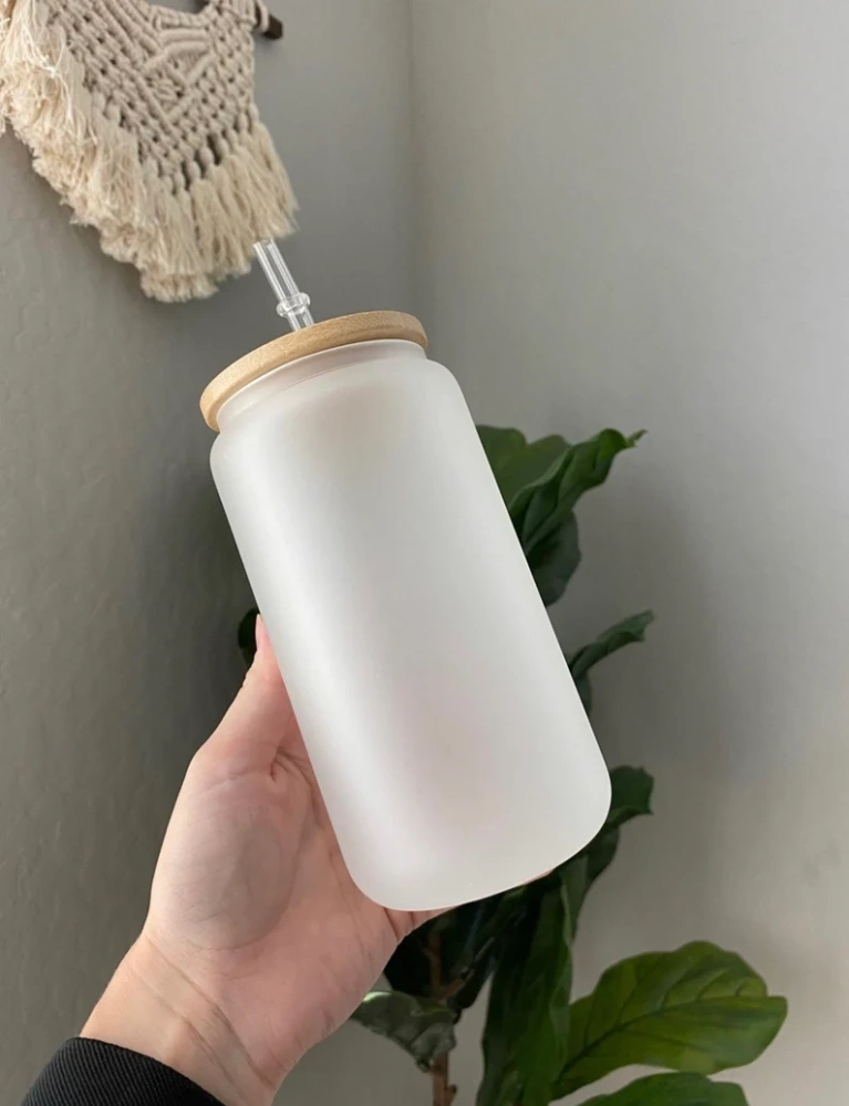 16oz Sublimation Frosted Glass Can With Bamboo Lids