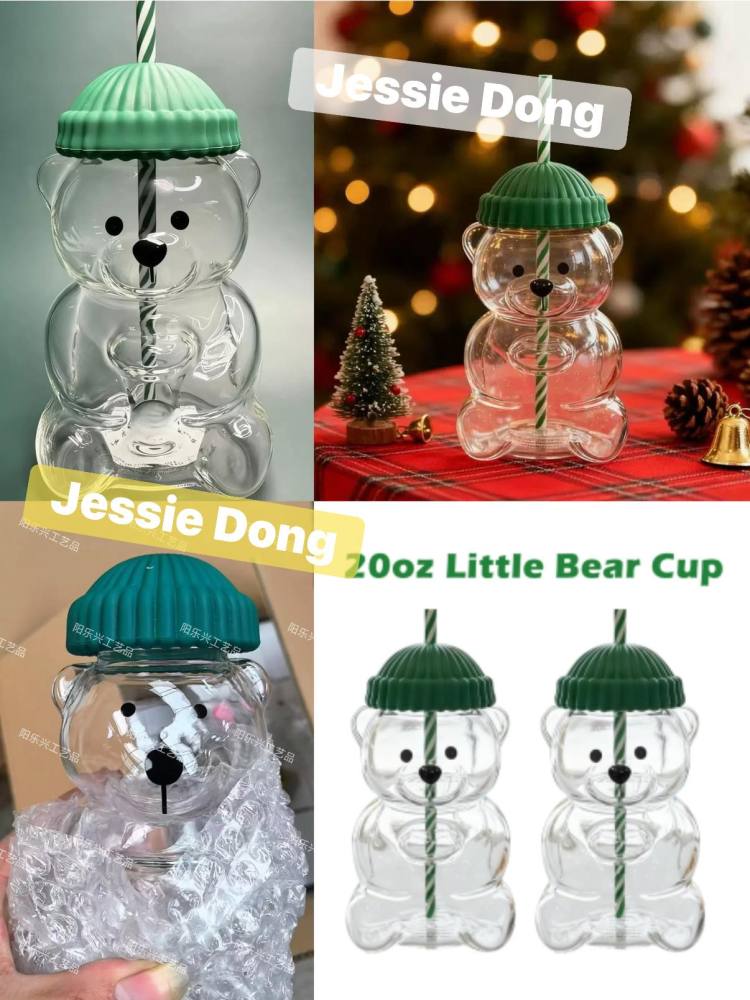 20oz Little Bear Glass Cup With Lid And Straw