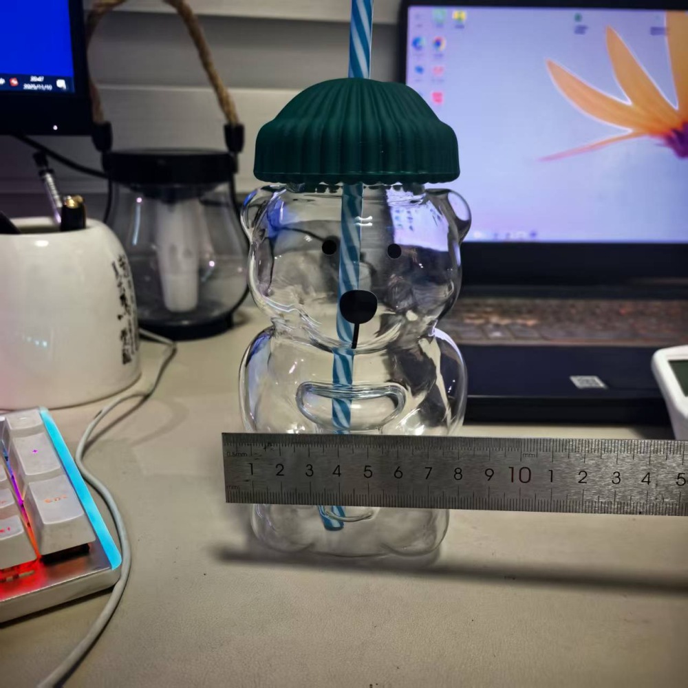 20oz Little Bear Glass Cup With Lid And Straw