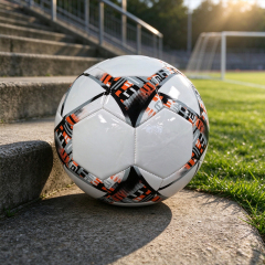 Official Size 5 Machine Stitched Soccer Ball, Glossy PVC Football, White Orange Black Geometric Pattern, Custom Logo for Adult Training & Match,Blue Arc Sports