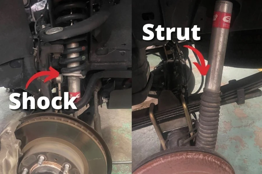 mechanic inspecting vehicle suspension showing shocks vs struts installation locations