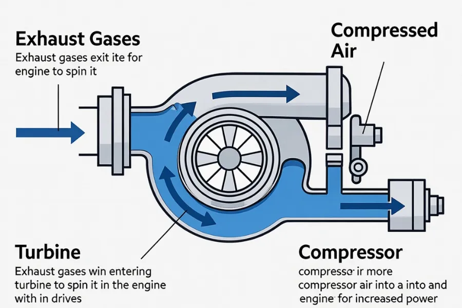 Illustration of how a turbocharger boosts engine power by compressing air using exhaust gases, a key part of understanding the signs of a blown turbocharger.