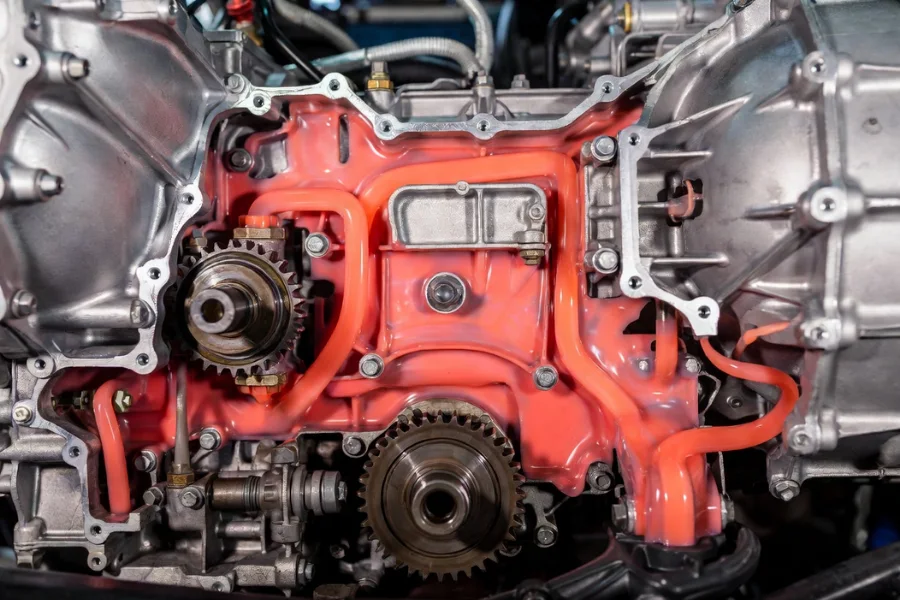 Transmission fluid circulating in a car's system to lubricate, cool, and create hydraulic power.