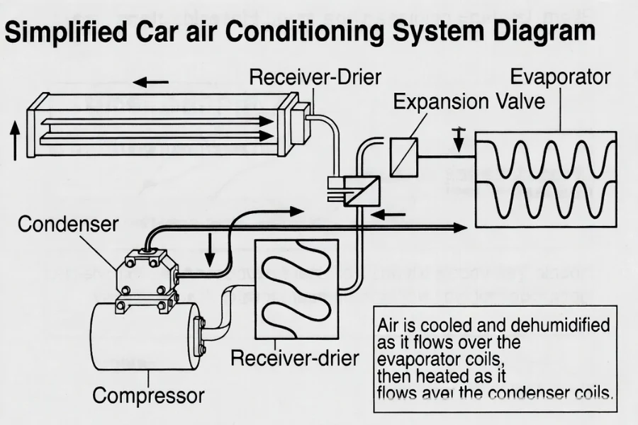 Illustration showing the basic flow of refrigerant in the car&rsquo;s air conditioning system and its components, including the compressor, condenser, and evaporator.