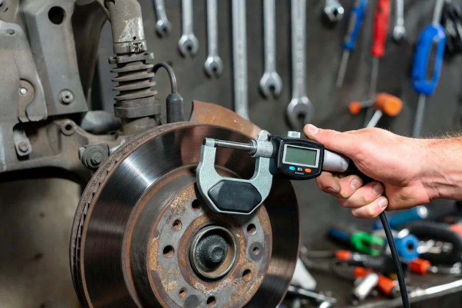 Measuring brake disc thickness to assess wear and ensure safe braking