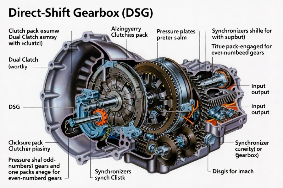 DSG gearbox working principle: dual-clutch mechanism for seamless gear shifts and efficient power transfer.