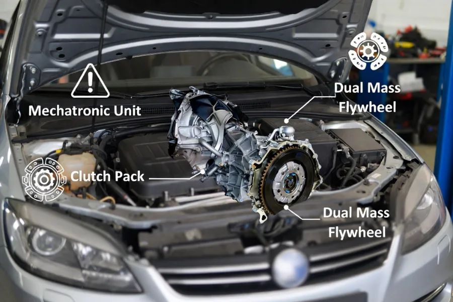 Common issues with DSG gearbox: mechatronic unit failure, clutch wear, and flywheel problems affecting performance.