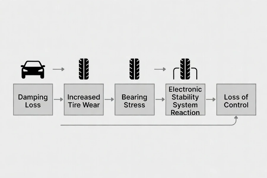 System chain reaction showing how early Signs of Suspension Problems lead to tire wear and electronic stability faults