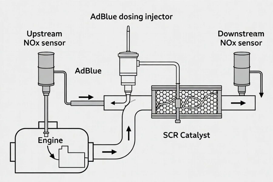 SCR system diagram showing AdBlue dosing and NOx reduction process in diesel exhaust
