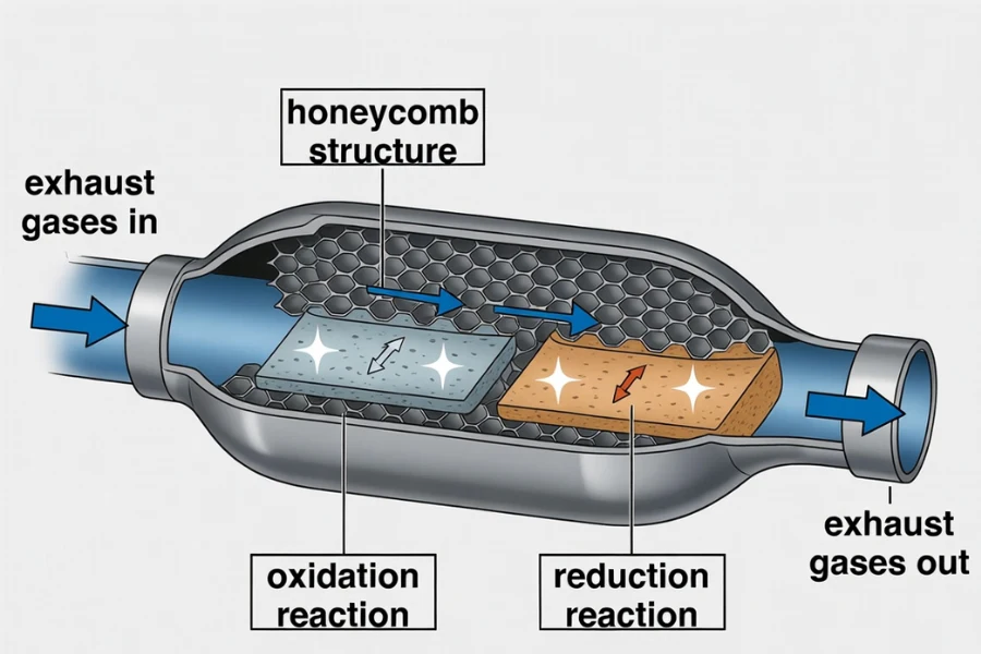 how catalytic converter works exhaust gas flow diagram oxidation reduction