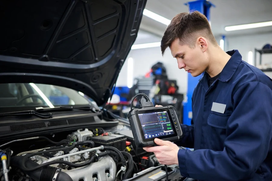 mechanic diagnosing exhaust smoke problem using scan tool live data
