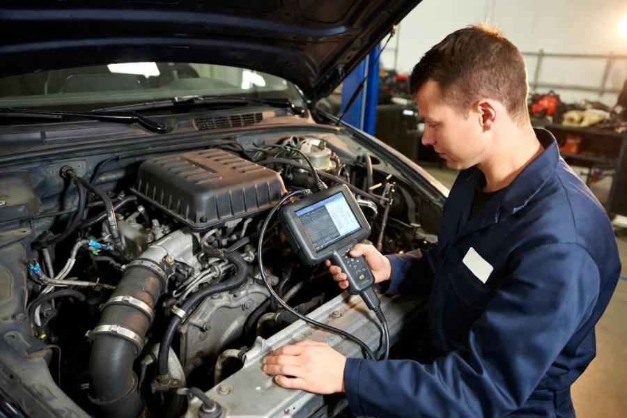 mechanic diagnosing blocked DPF using scan tool and live data analysis
