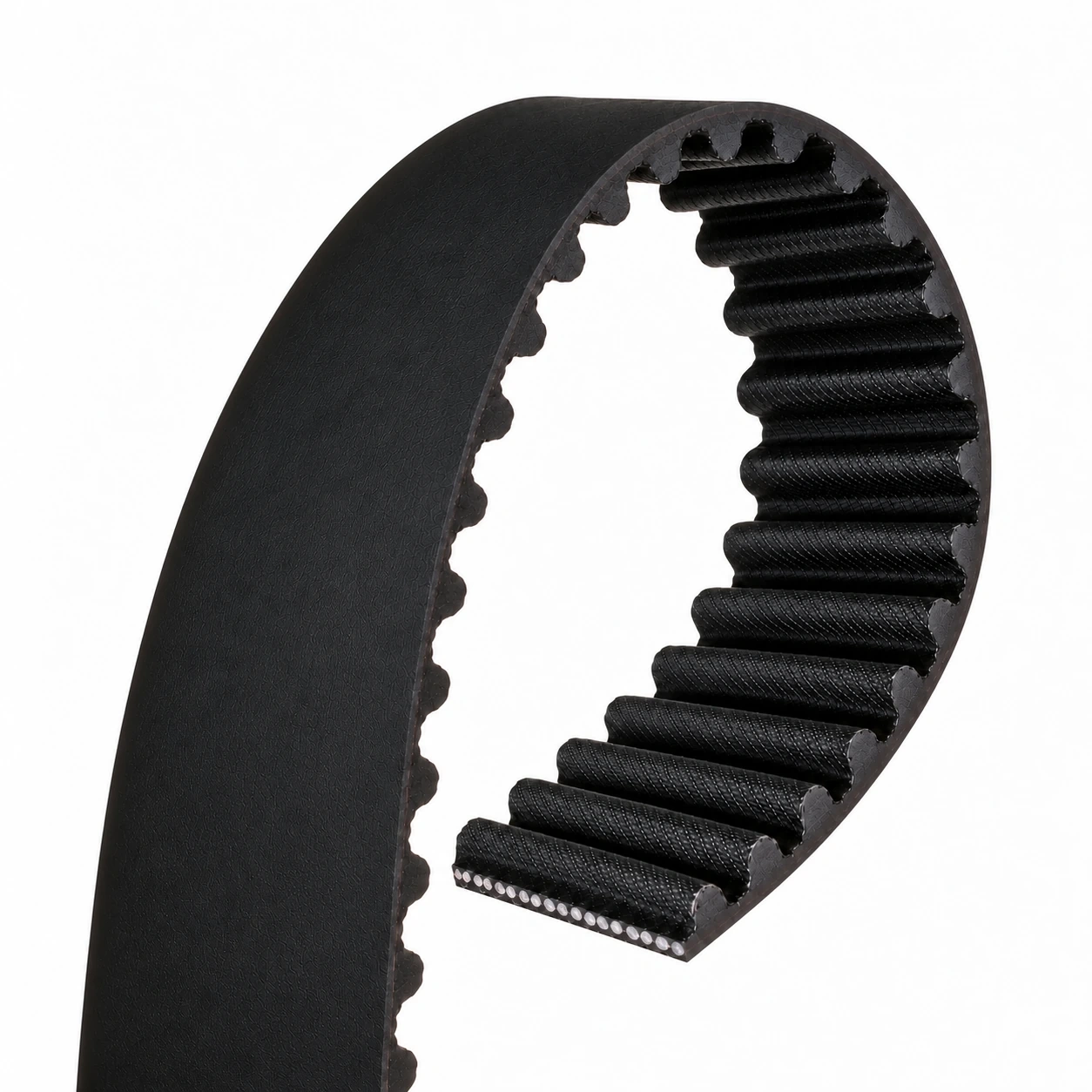 Representative close-up for a 134-tooth, 26 mm automotive timing belt, showing inner teeth and a cut end