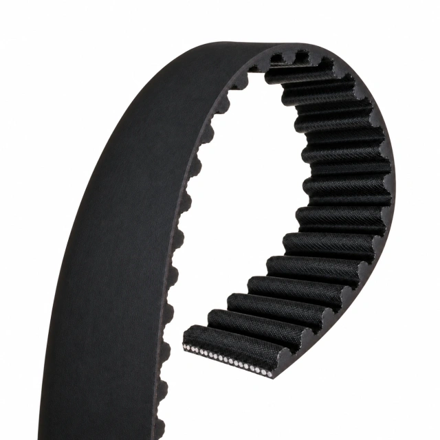 Representative automotive timing belt cutaway showing inner teeth, a smooth backing and embedded reinforcement cords