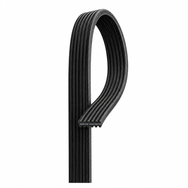 Representative double-sided automotive multi-V belt cutaway showing ribbed inner and outer surfaces and embedded reinforcement cords