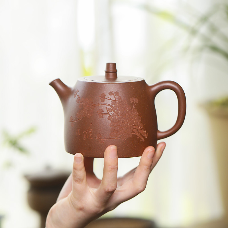 Yuanhu Association Yixing raw mine purple clay pot famous Zhu Xiaoping handmade stone pottery carved plum blossom Han duo pot