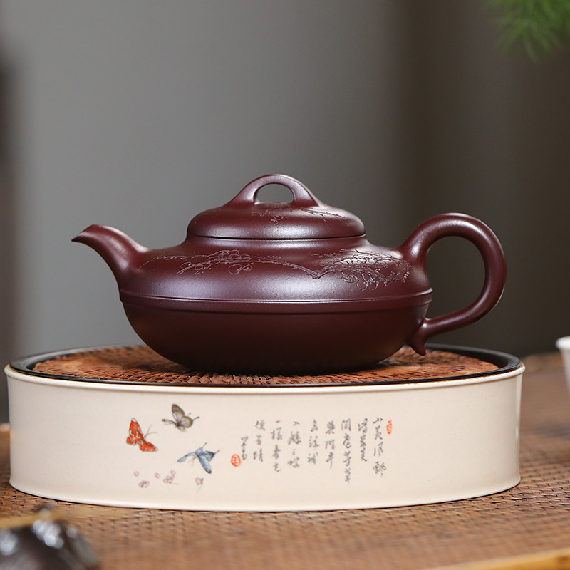 Yixing raw ore purple clay teapot No. 1 factory old craftsman Yin Yusheng handmade line round teapot raw ore dragon blood sand teapot