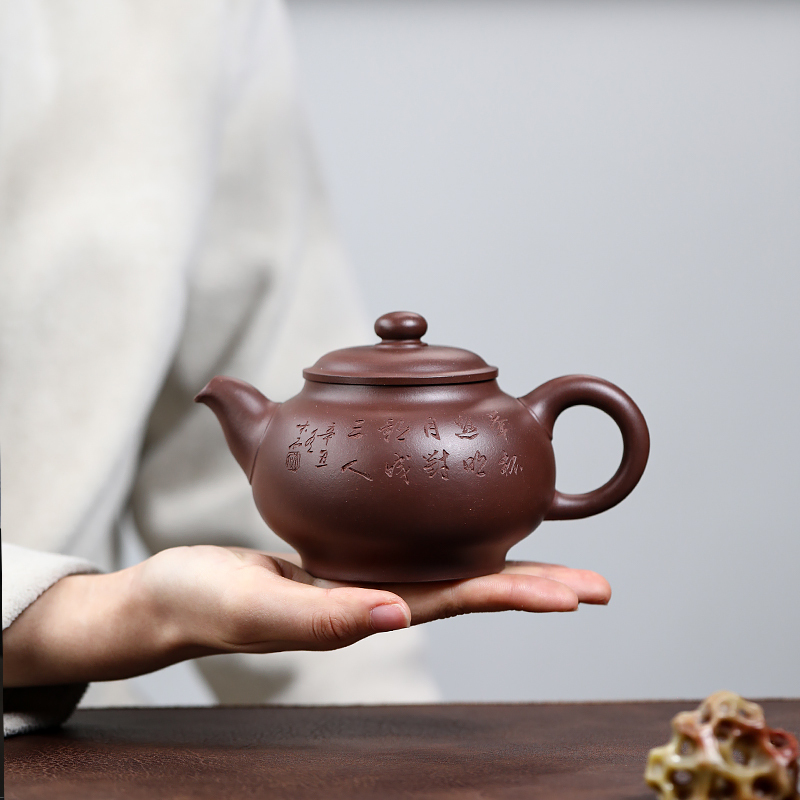 Yixing Zisha Teapot Pan Yun Teapot Famous Artist Lu Dexiang Handmade Wood and Stone Carving and Painting Household Collection