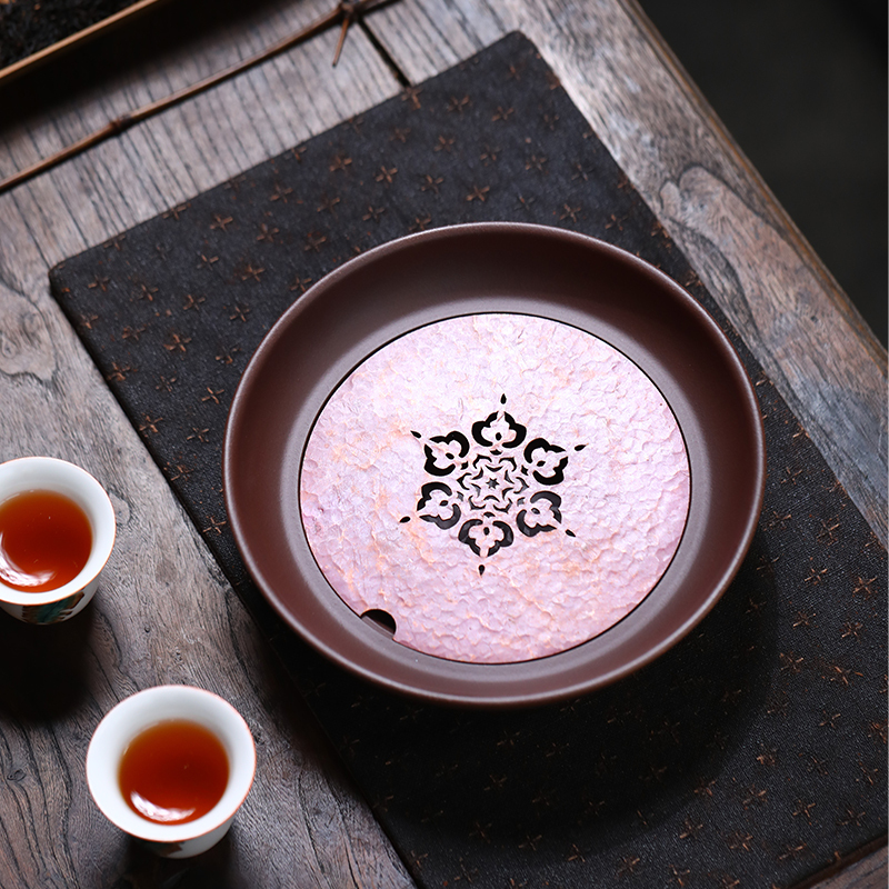 Yixing Handmade Purple Sand Tea Tray High-end Copper Round Water Storage Dry Brewing Table Teapot Holder