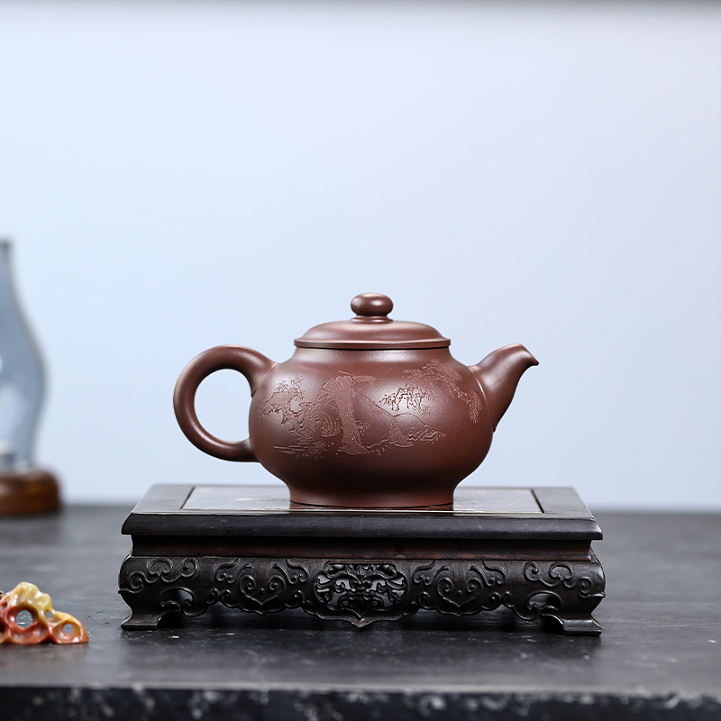 Yixing Zisha Teapot Pan Yun Teapot Famous Artist Lu Dexiang Handmade Wood and Stone Carving and Painting Household Collection