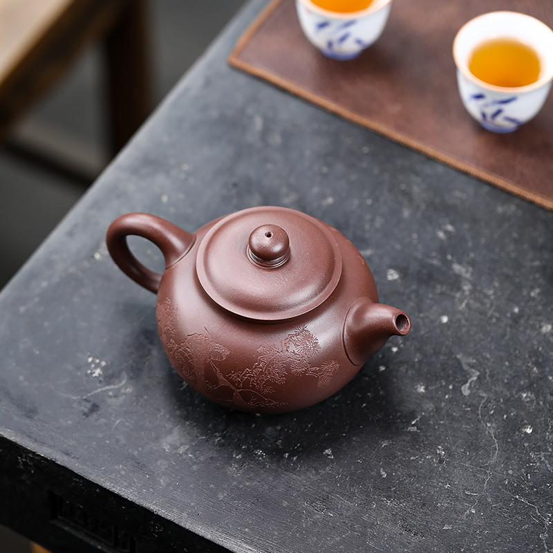 Yixing Zisha Teapot Pan Yun Teapot Famous Artist Lu Dexiang Handmade Wood and Stone Carving and Painting Household Collection
