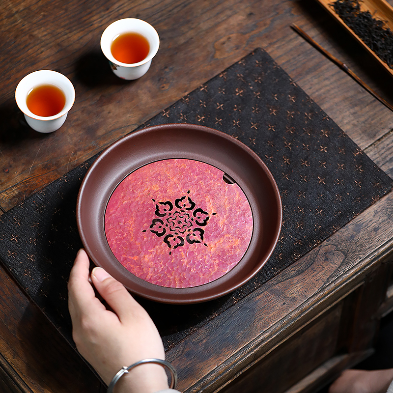 Yixing Handmade Purple Sand Tea Tray High-end Copper Round Water Storage Dry Brewing Table Teapot Holder