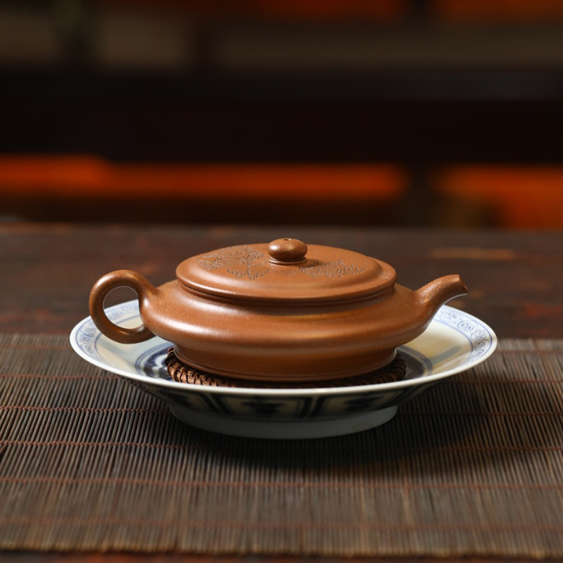 Yixing Purple Clay Teapot Virtual Flat Teapot Famous Artist Yin Yusheng All Handmade Raw Ore Gold Section Clay Tea Set Teapot